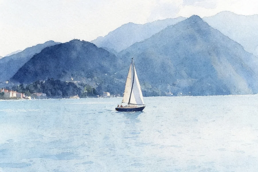Watercolour of a sailboat on still water below a mountain shore